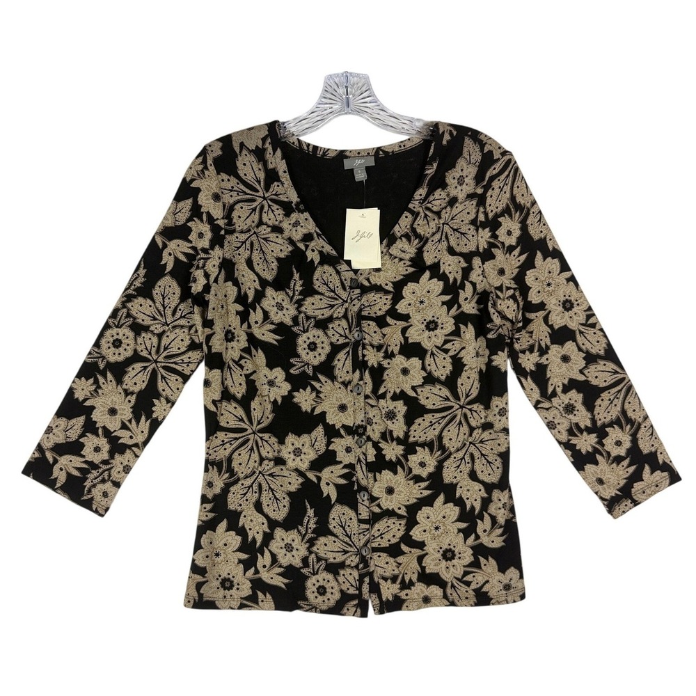 J. Jill Black‎ Tan Floral Batik Button Front Cardigan Sweater Stretch Small NEW